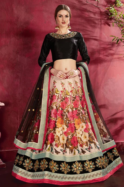 New Collection Floral Printed Lehenga Choli With Dupatta Black-Multi Colour