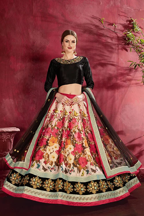 New Collection Floral Printed Lehenga Choli With Dupatta Black-Multi Colour