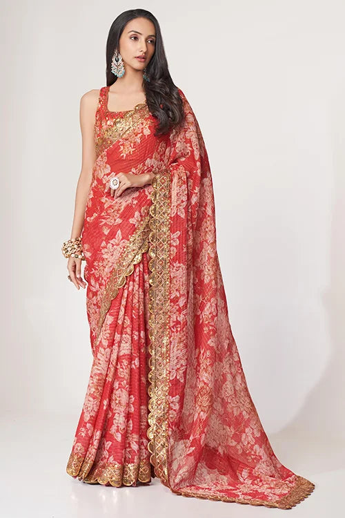 New Collection For Party Wear Saree Red Colour