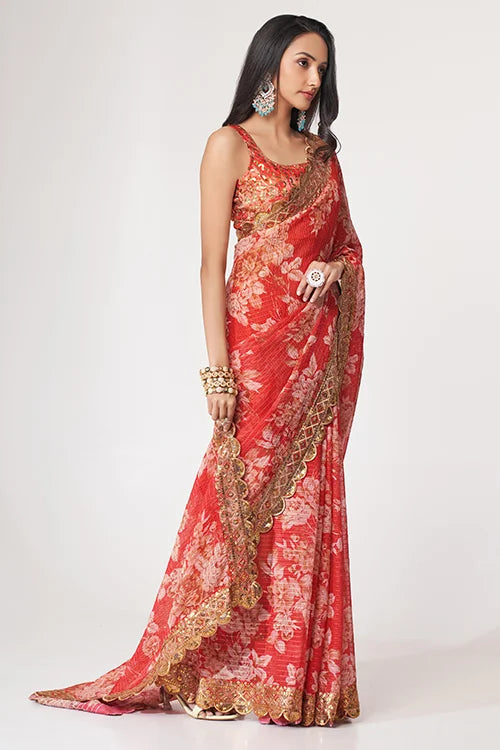 New Collection For Party Wear Saree Red Colour