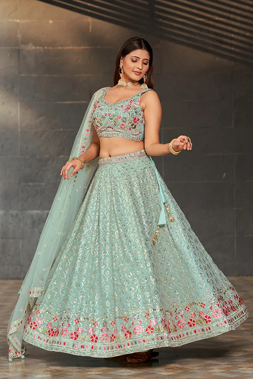 New Party Wear Collection Lehenga Choli With Dupatta Sky Blue Colour