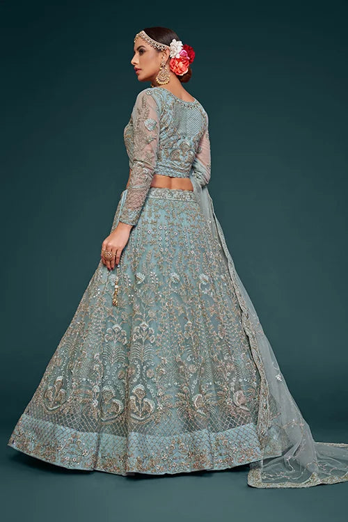 Ocean Aqua Soft Net Thread Embroidery Work Lehenga Choli With Dupatta
