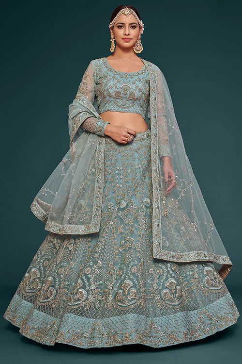 Ocean Aqua Soft Net Thread Embroidery Work Lehenga Choli With Dupatta