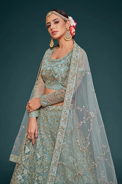 Ocean Aqua Soft Net Thread Embroidery Work Lehenga Choli With Dupatta