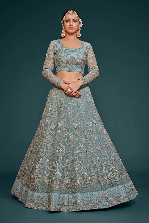 Ocean Aqua Soft Net Thread Embroidery Work Lehenga Choli With Dupatta