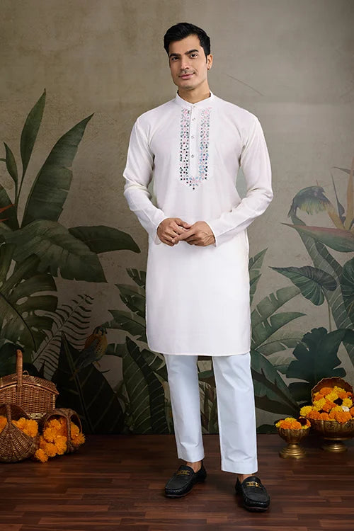 Off-White Roman Silk Kurta with Jacquard Open Koti Set