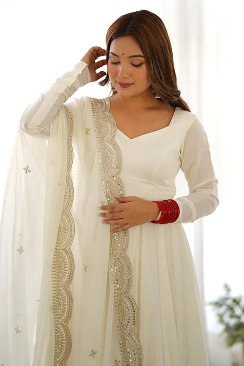 Ready to Wear Off White Pure Roman Silk Anarkali Gown with Dupatta