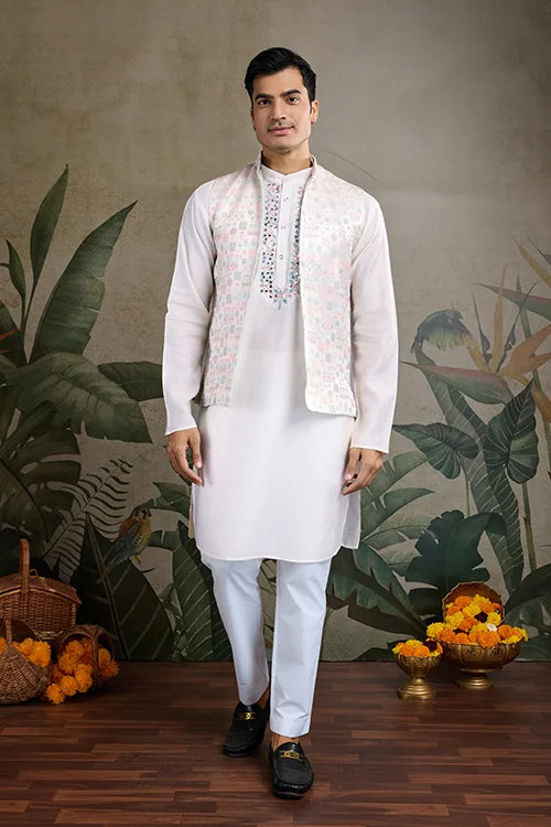 Off-White Roman Silk Kurta with Jacquard Open Koti Set