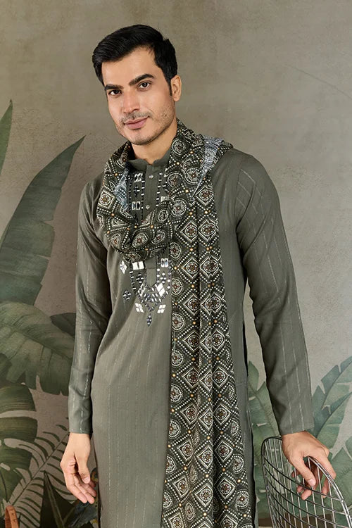 Premium Olive Green Mirror Work Kurta with Dupatta for Occasions