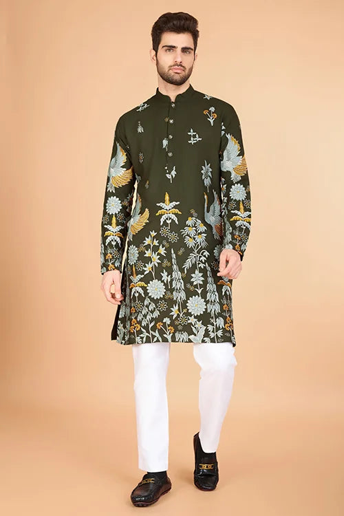 Olive Viscose Rayon Designer Men's Kurta for Festive
