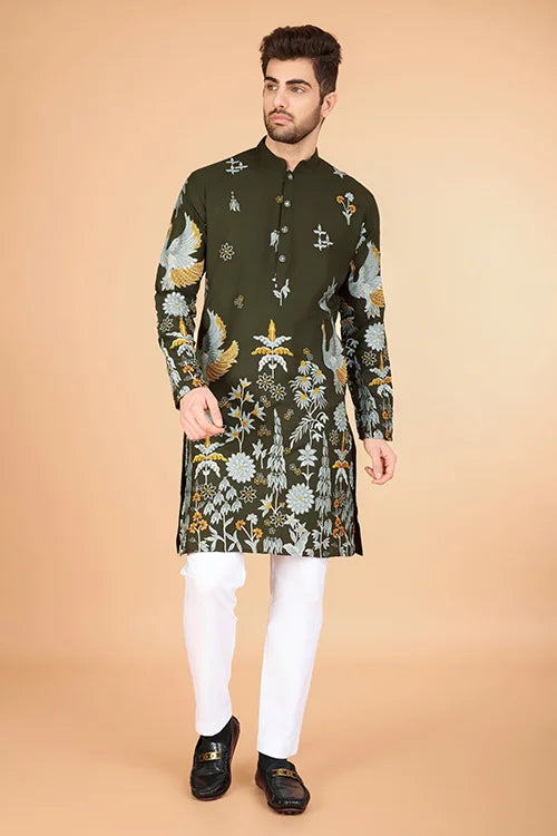 Olive Viscose Rayon Designer Men's Kurta for Festive