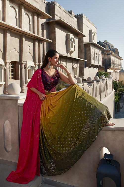 Olive Multi Color Georgette Embellished Mirror Work Lehenga Choli Collection