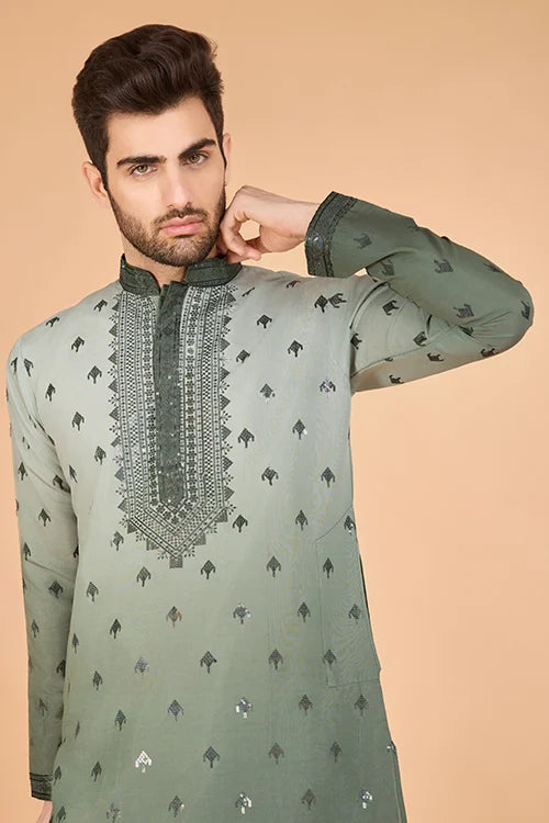 Designer Men's Ombre Green Kurta in Viscose Silk