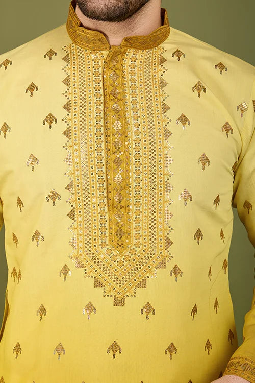 Designer Ombre Yellow Silk Kurta for Men | Shubh Kala