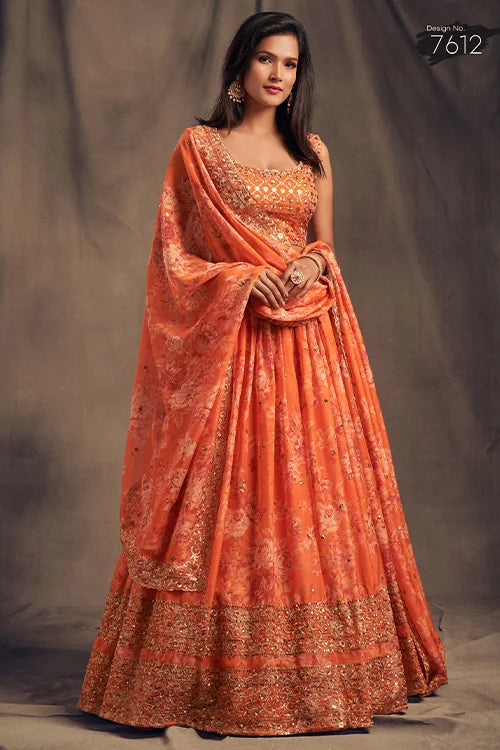 Beautiful Sequins Zari Embroidery Lehenga Choli Orange Colour