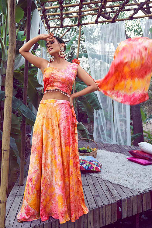 Orange Traditional Looks Big Size Printed Lehenga choli with Fancy Dupatta