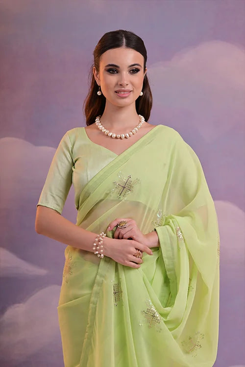 Stylish Floral Embroidered Saree in Parrot Green