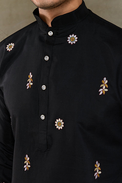 Traditional Black Color Embroidered Kurta Pajama Set For Men