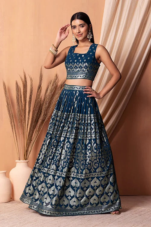 Blue Bollywood Lehenga Choli with Sequins & Embroidery