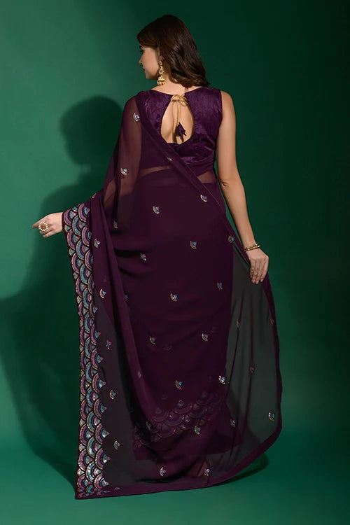 Wedding Georgette Saree with Sequin Flower Design