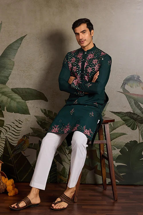 Party Look Green Mirror Embroidered Kurta Set for Men