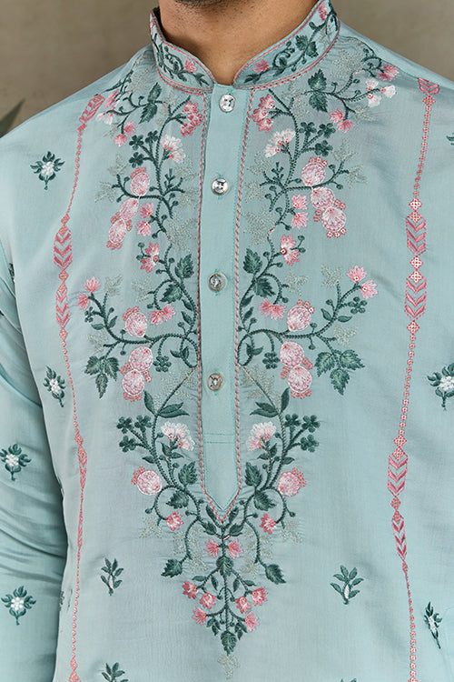 Sky Color Embroidered Kurta Pajama For Men