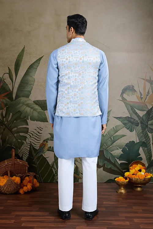 Festive Wear Blue Silk Kurta with Jacquard Koti