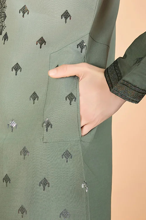 Designer Men's Ombre Green Kurta in Viscose Silk