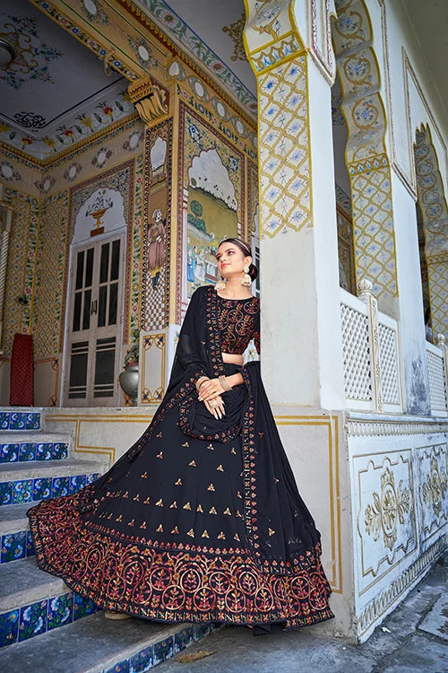 Navy Blue Georgette Lehenga Choli With Sequins Work