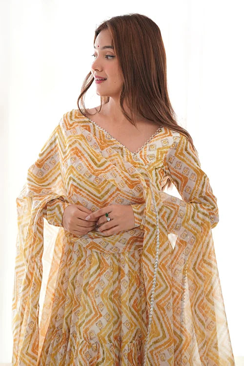 Pure Soft Fox Light Yellow Georgette Zigzag Print Anarkali Set for Women