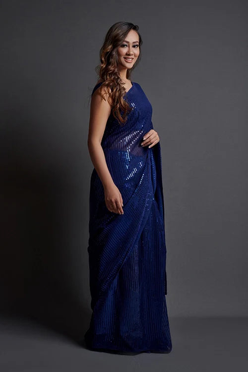 Blue Georgette Silk Saree with Embroidery Work