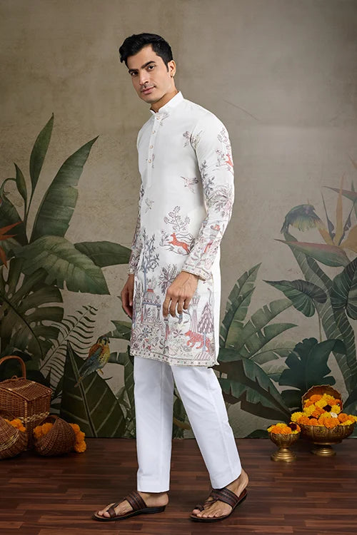 Designer White Silk printed kurta for men