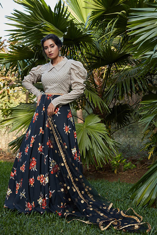 Party Wear Black Silk Crepe Printed Work Lehenga Choli