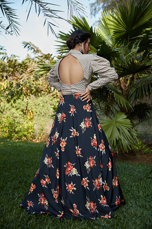 Party Wear Black Silk Crepe Printed Work Lehenga Choli