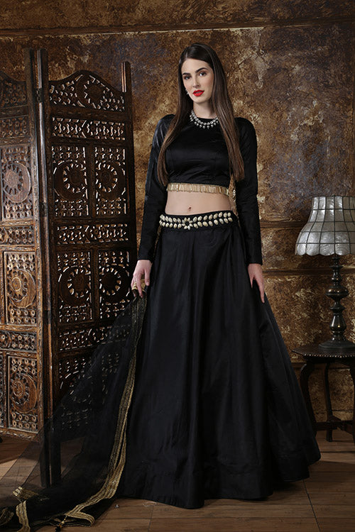 Party Wear Black Taffeta Silk Belt On Waist Lehenga Choli