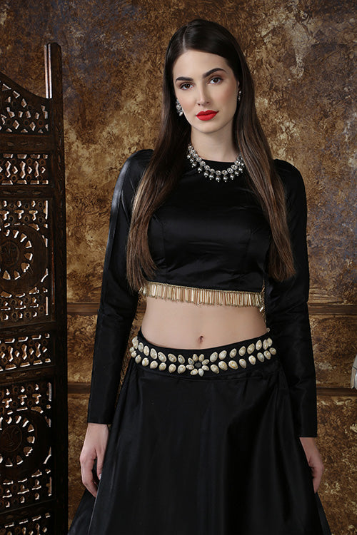 Party Wear Black Taffeta Silk Belt On Waist Lehenga Choli