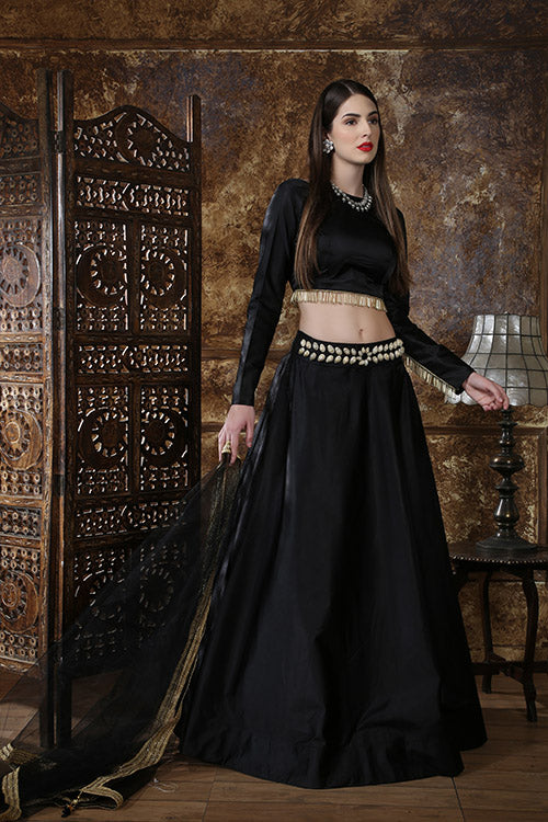 Party Wear Black Taffeta Silk Belt On Waist Lehenga Choli