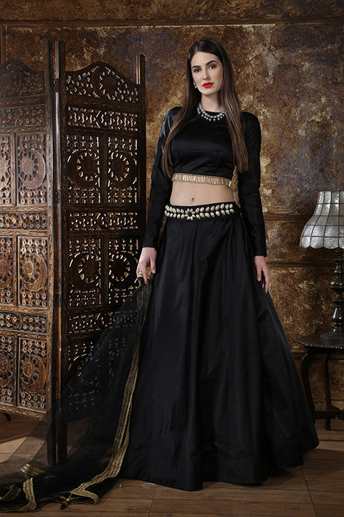 Party Wear Black Taffeta Silk Belt On Waist Lehenga Choli