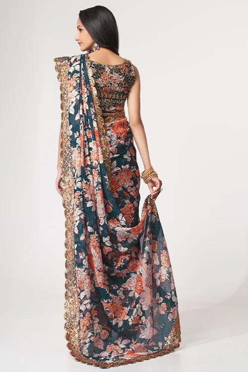 Party Wear Sequins Saree Dove Blue Colour