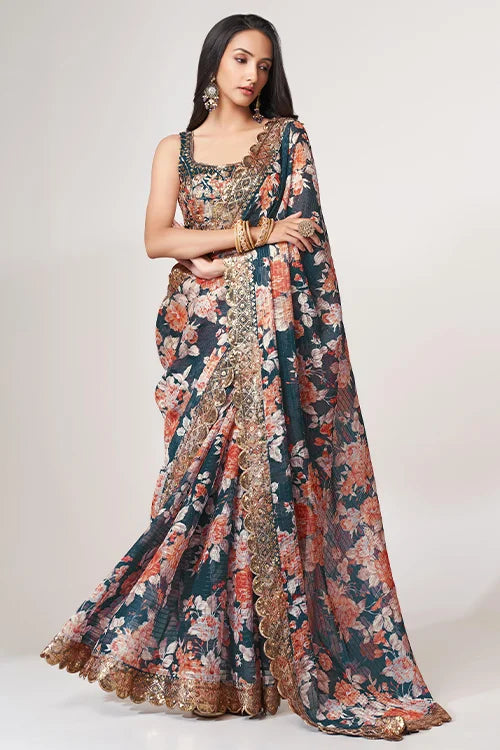 Party Wear Sequins Saree Dove Blue Colour