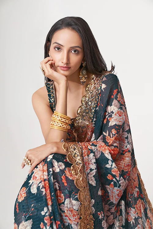 Party Wear Sequins Saree Dove Blue Colour