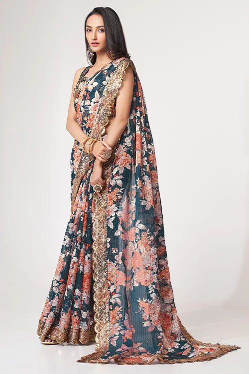 Party Wear Sequins Saree Dove Blue Colour