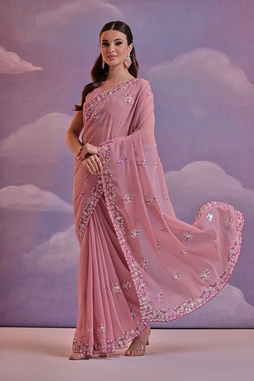 Onion Shade Soft Georgette Saree with Sequins Work