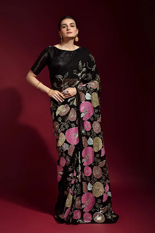 Black Georgette Partywear Saree with Thread Embroidery