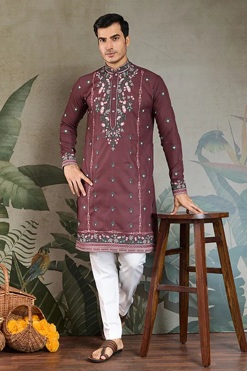 Embroidered Pastel Chocolate Kurta for Men Wear