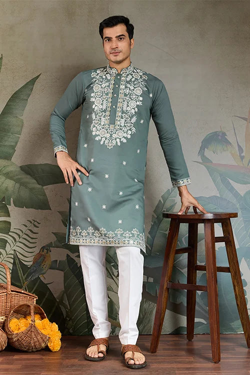 Pastel Pista Viscose Silk Embroidered Kurta for Men