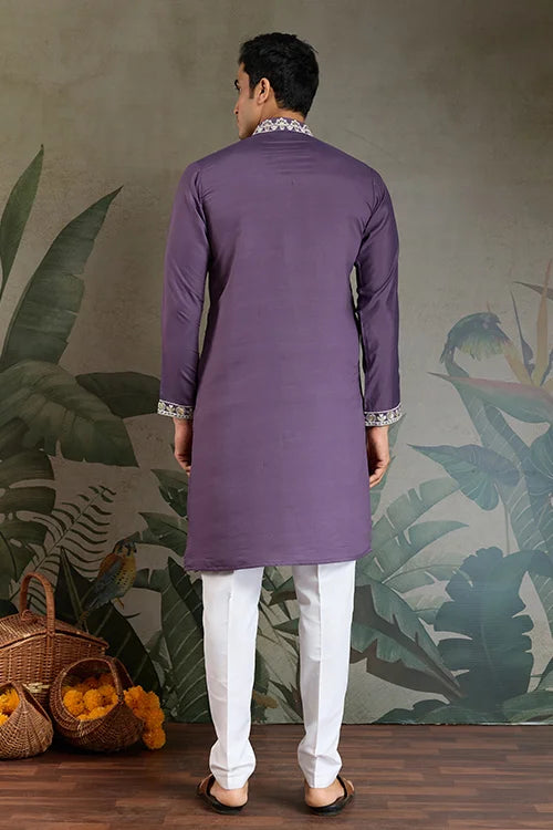 Pastel Purple Embroidered Viscose Silk Kurta Set