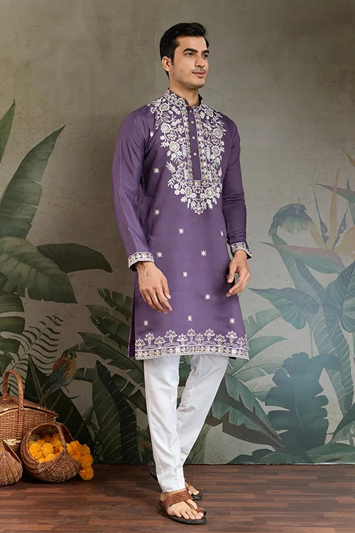 Pastel Purple Embroidered Viscose Silk Kurta Set