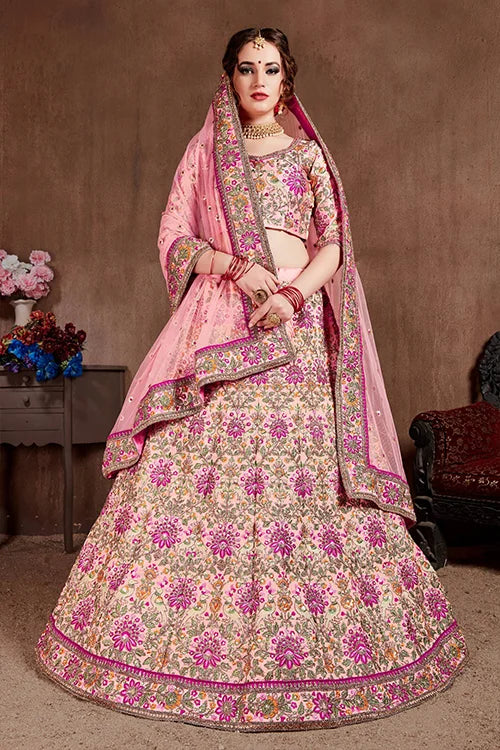 Pastel Pink Zari With Sequins Embroidered Lehenga Choli With Dupatta