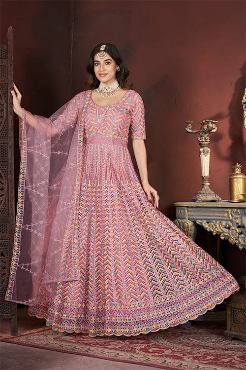 Designer Peach Color Net Gown With Zarkan Embroidery – Ready To Wear Collection
